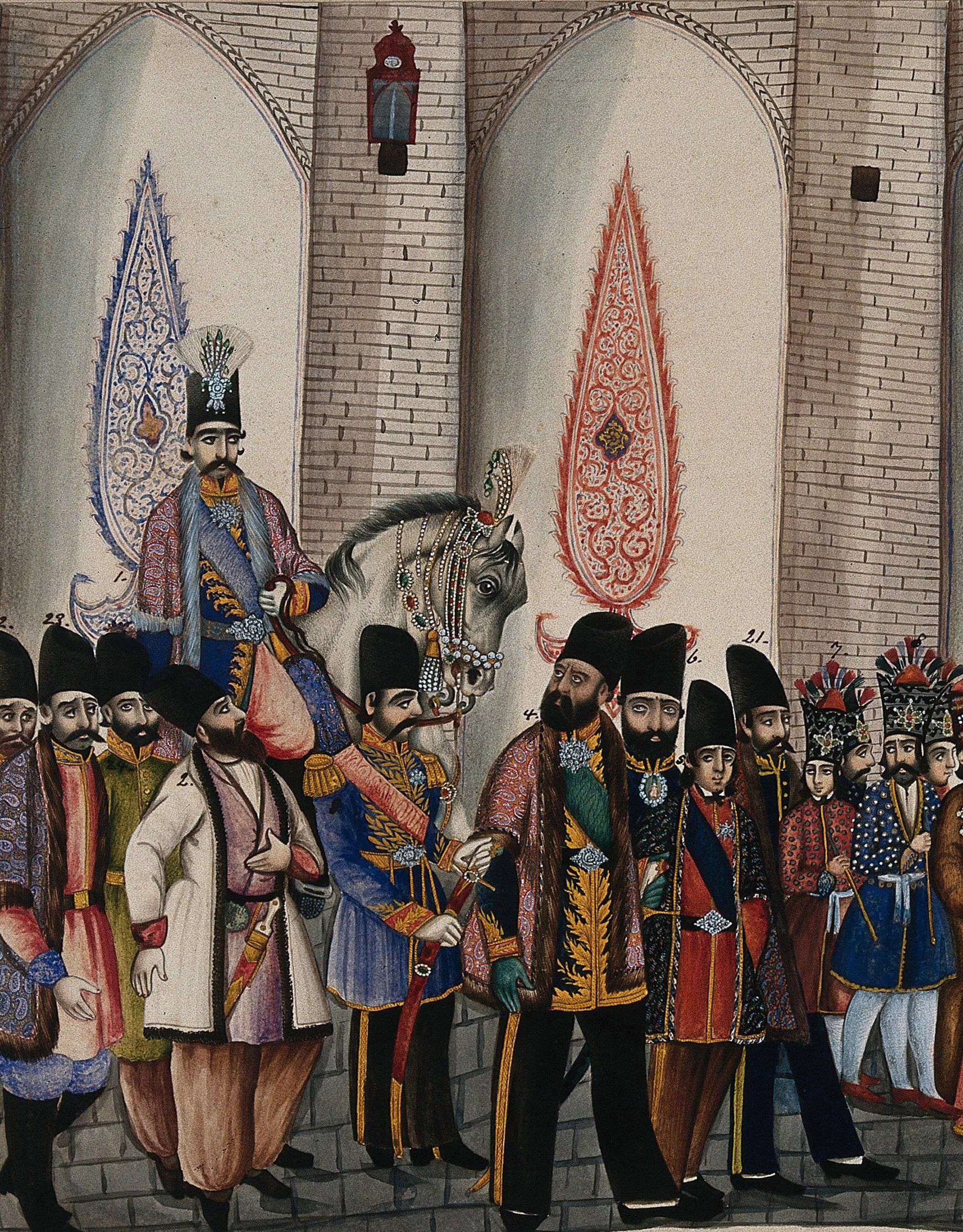 Painting of the Persian Crown Prince on horseback riding through a Qajar-era city street